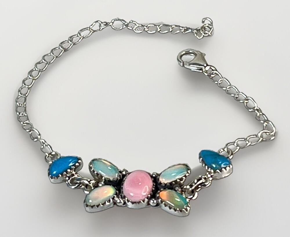 Turquoise Opal Pink Conch Gemstone Sterling Silver 925 Cluster Bracelet NEW